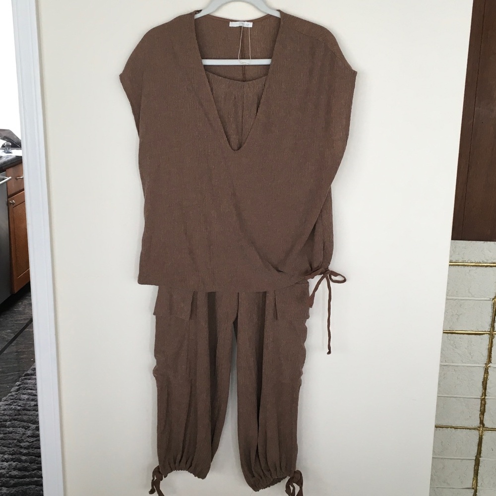 Brown V-Neck Relaxed Jumpsuit with Tie Waist